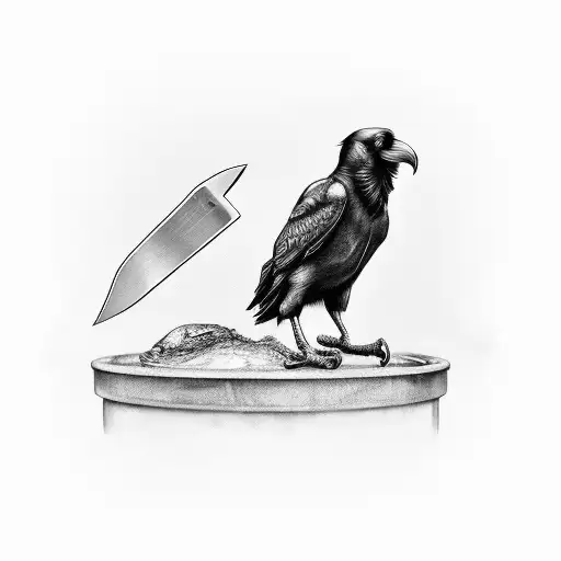 Security camera pointed at a Raven holding two butcher knives in a threatening manner tattoo design idea