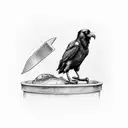 Security camera pointed at a Raven holding two butcher knives in a threatening manner tattoo design idea