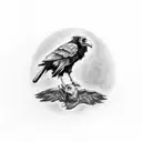 Security camera pointed at a Raven holding two butcher knives in a threatening manner tattoo design idea