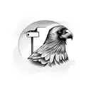 Security camera pointed at a Raven holding two butcher knives in a threatening manner tattoo design idea