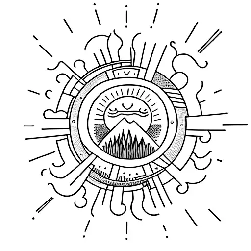 Minimalist black ink sunrise over a meadow in boho style. The sun has short rays. Above the sun is a small heart.  tattoo design idea