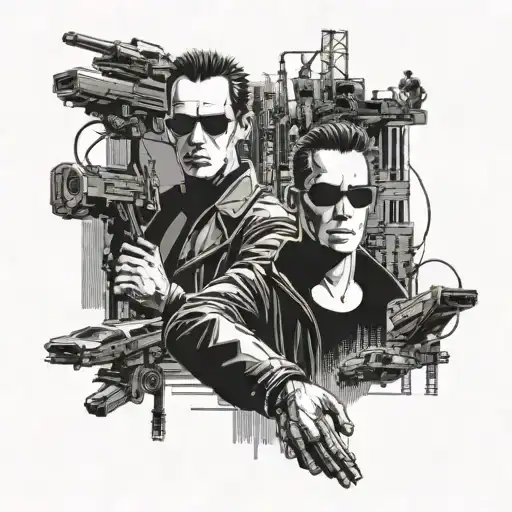 A matrix themed tattoo depicting a scene from the movie with a twist of Japanese futurism elements, such as neon lights and futuristic gadgets, in a black-grey style tattoo design idea