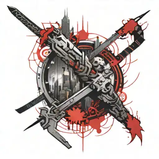 A cyberpunk-inspired full sleeve tattoo featuring a futuristic cityscape with electronic circuits and pulsar maps intertwined with Japanese futurism elements, such as cherry blossoms and samurai swords tattoo design idea