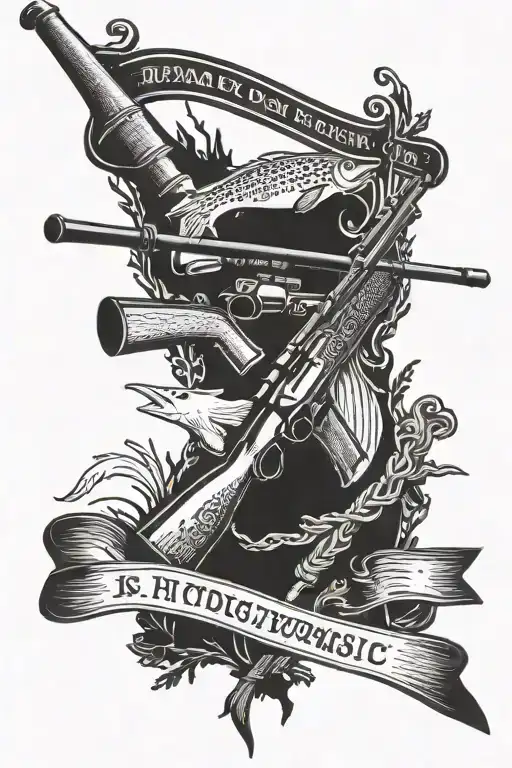 A blackwork tattoo of a hunting rifle and fishing rod crossed over a West Virginia state flag tattoo design idea