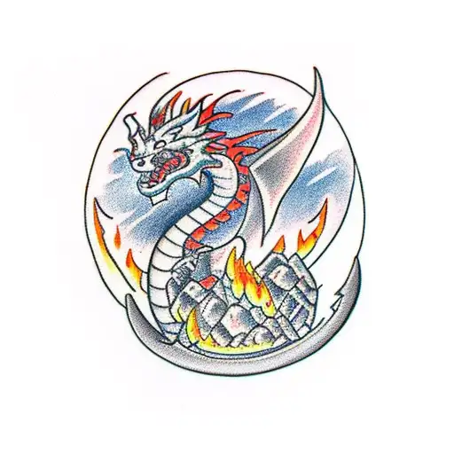 Dragon emerging from a fiery volcano tattoo design idea