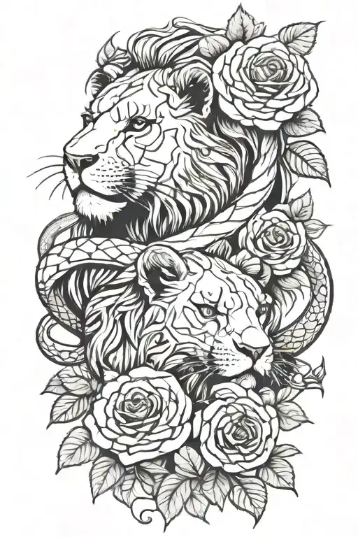 lion snake and roses tattoo design idea