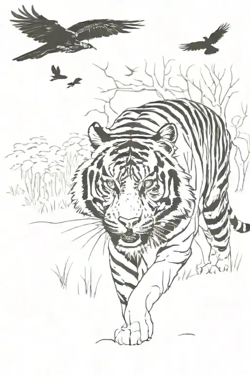 tiger walking in the forest with crows tattoo design idea