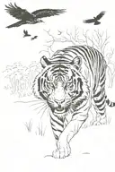 tiger walking in the forest with crows tattoo design idea