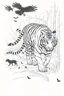 tiger walking in the forest with crows tattoo design idea