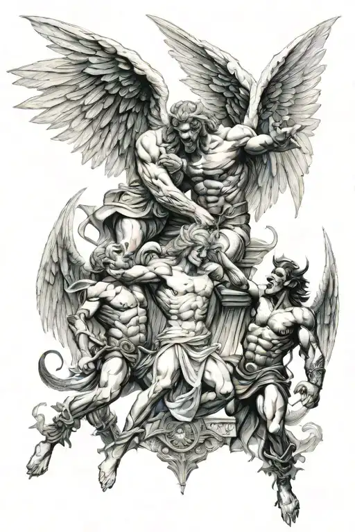 ANGEL AND DEMON AND MONSTER FIGHTING tattoo design idea