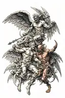 ANGEL AND DEMON AND MONSTER FIGHTING tattoo design idea