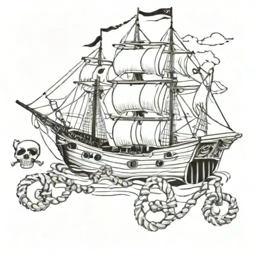 Pirate ship, anker and skulls patchwork chains, 60s-pinup - rubber hose style tattoo design idea