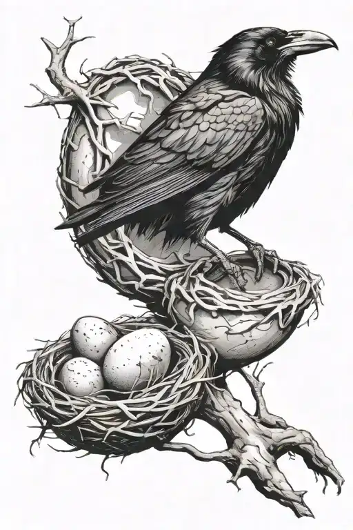 raven with broken nest protecting an egg    tattoo design idea
