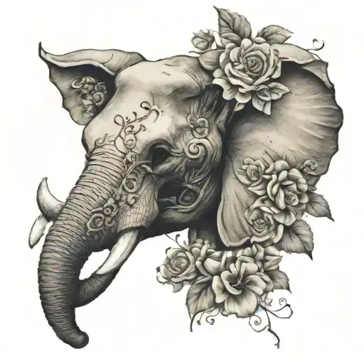 half elephant head and half elephant skull with flowers tattoo design idea