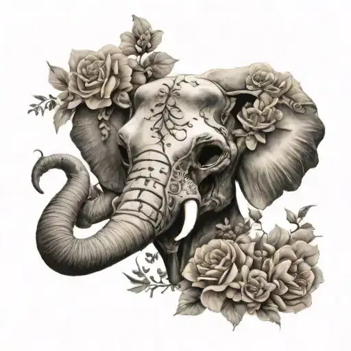 elephant skull with flowers  tattoo design idea