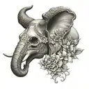 half elephant head and half elephant skull with flowers tattoo design idea