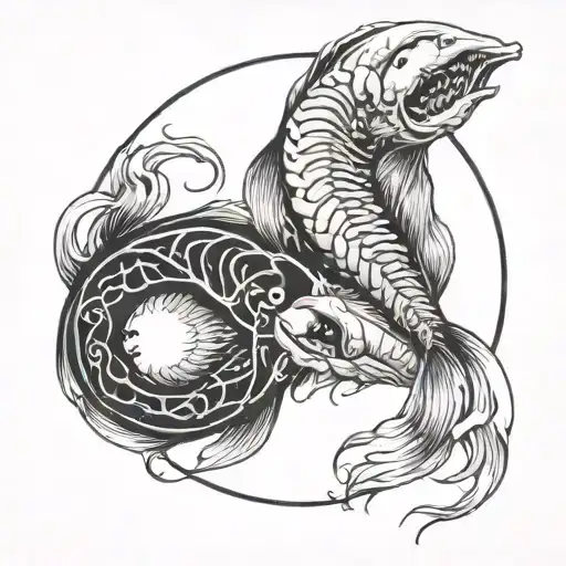skeletonal fish yin yang tattoo design idea