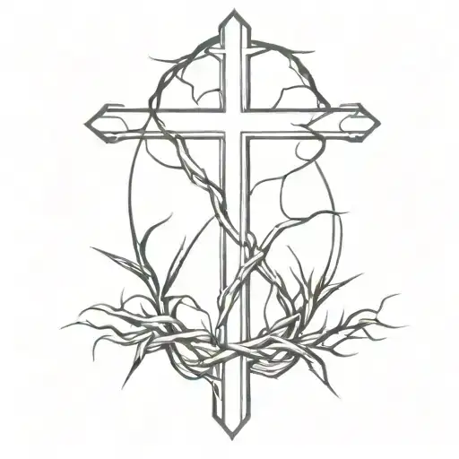 A minimalist cross with a crown of thorns wrapped around the cross, with clear and clean lines. tattoo design idea