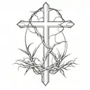 A minimalist cross with a crown of thorns wrapped around the cross, with clear and clean lines. tattoo design idea