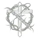 A minimalist cross with a crown of thorns wrapped around the cross, with clear and clean lines. tattoo design idea