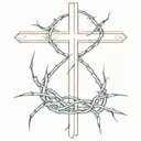 A minimalist cross with a crown of thorns wrapped around the cross, with clear and clean lines. tattoo design idea