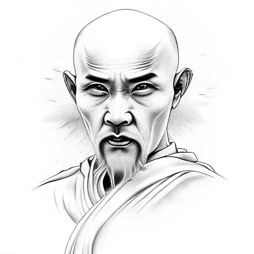 portrait of bald monk with a text from tales of wudan tattoo design idea