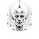 portrait of bald monk with a text from tales of wudan tattoo design idea