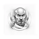 portrait of bald monk with a text from tales of wudan tattoo design idea