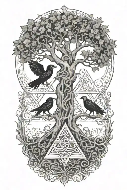 Valknut, yggdrasil tree, ornamented nordic runes. Two Odin's  ravens tattoo design idea