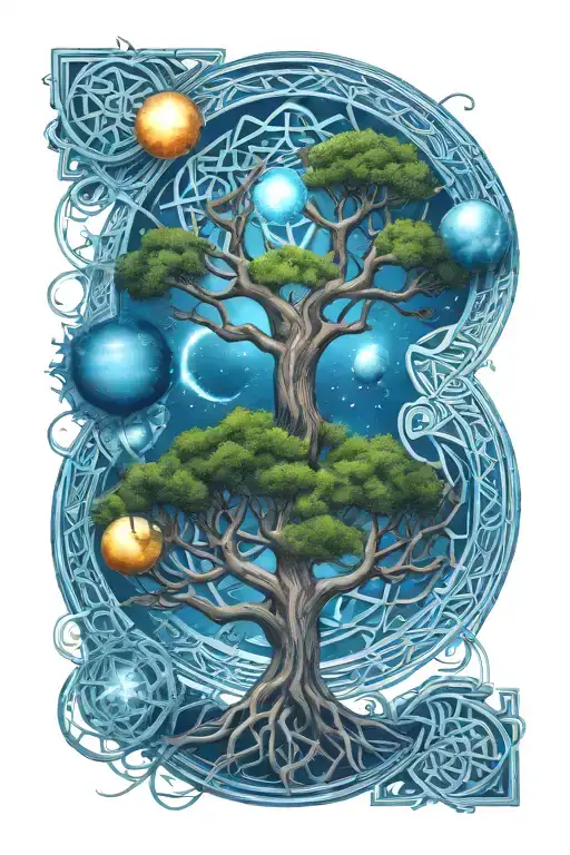 Celtic tree of life, celtic knot, solar system planets and celtic cross tattoo design idea