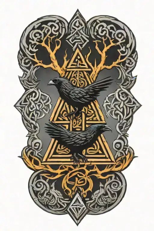 Valknut, yggdrasil tree, ornamented nordic runes. Two Odin's  ravens tattoo design idea