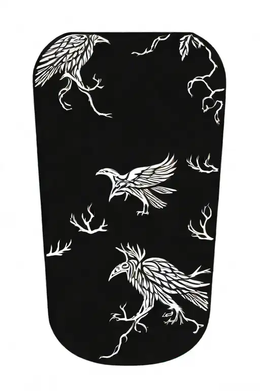 Valknut, yggdrasil tree, ornamented nordic runes. Two Odin's  ravens tattoo design idea