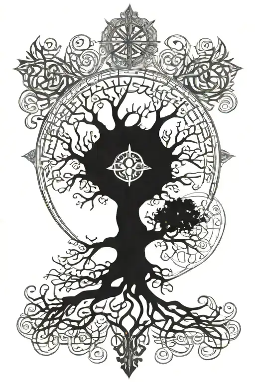 Celtic tree of life with Nordic compass surrounded tattoo design idea