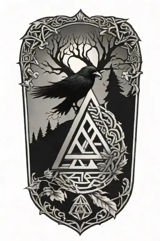 Valknut, yggdrasil tree, ornamented nordic runes. Two Odin's  ravens tattoo design idea