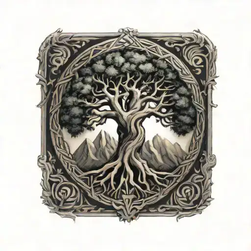 Tree of life growing from valknut symbol tattoo design idea