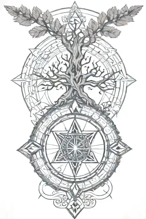 tree of life with Nordic compass surrounded by Nordic runes reading "not all those who wonder are lost" with valknut tattoo design idea