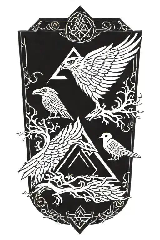Valknut, yggdrasil tree, ornamented nordic runes. Two Odin's  ravens tattoo design idea
