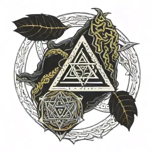 valknut, yggdrasil and vegvisir ornamented with world serpent tattoo design idea