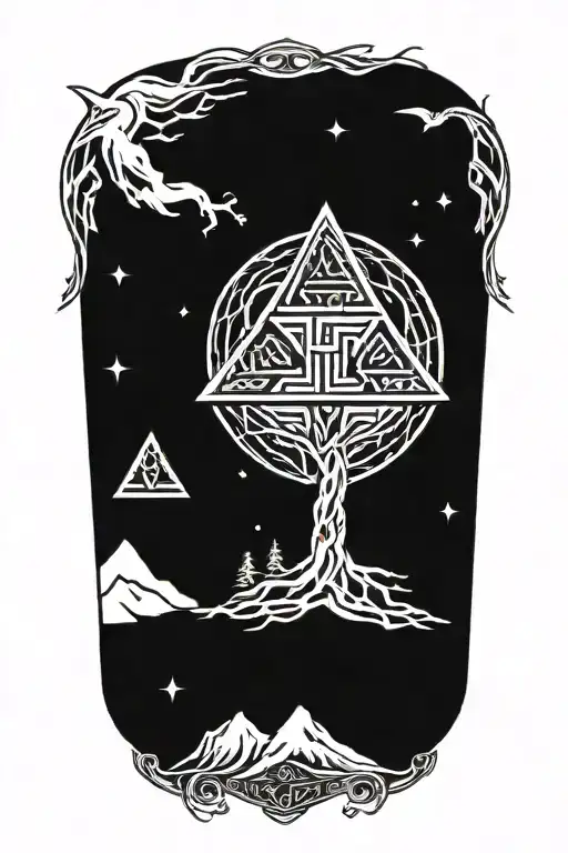 Valknut, yggdrasil tree, ornamented nordic runes. Two Odin's  ravens tattoo design idea