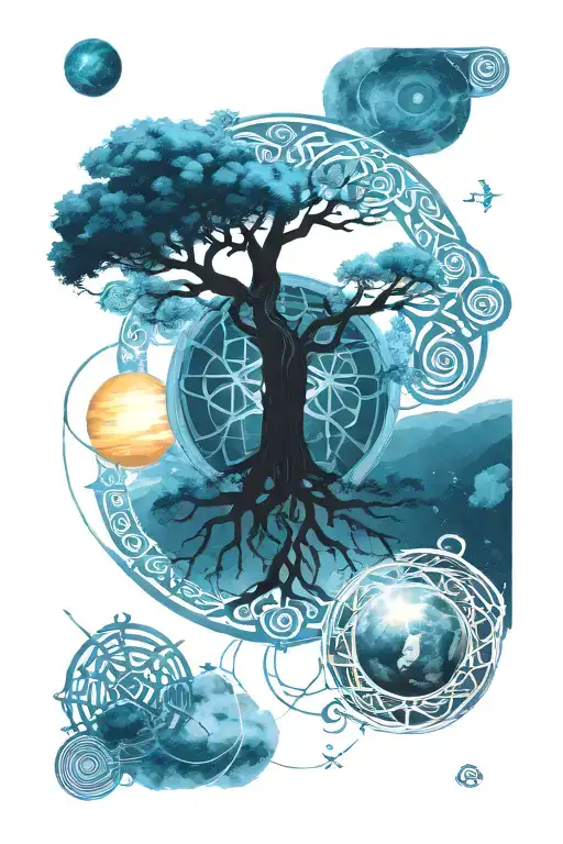 Celtic tree of life, celtic knot, solar system planets and celtic cross tattoo design idea