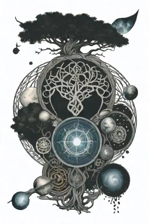 Celtic tree of life, celtic knot, solar system planets tattoo design idea