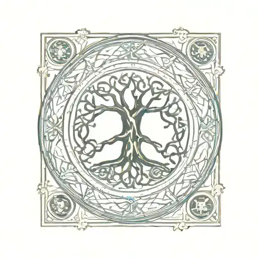 Celtic tree of life with Nordic compass surrounded tattoo design idea