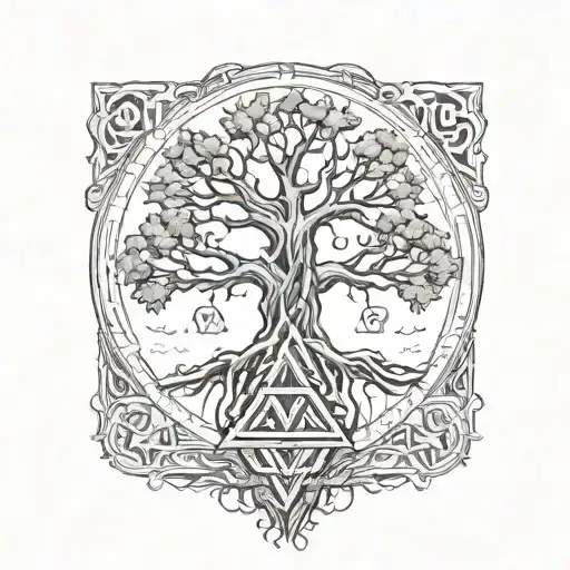 valknut symbol incorporated in yggdrasil tree, odin's crows on the top of the tree. World serpent surrounding the tree tattoo design idea