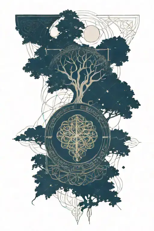 Celtic tree of life with solar system at the top half and celtic cross at the bottom tattoo design idea