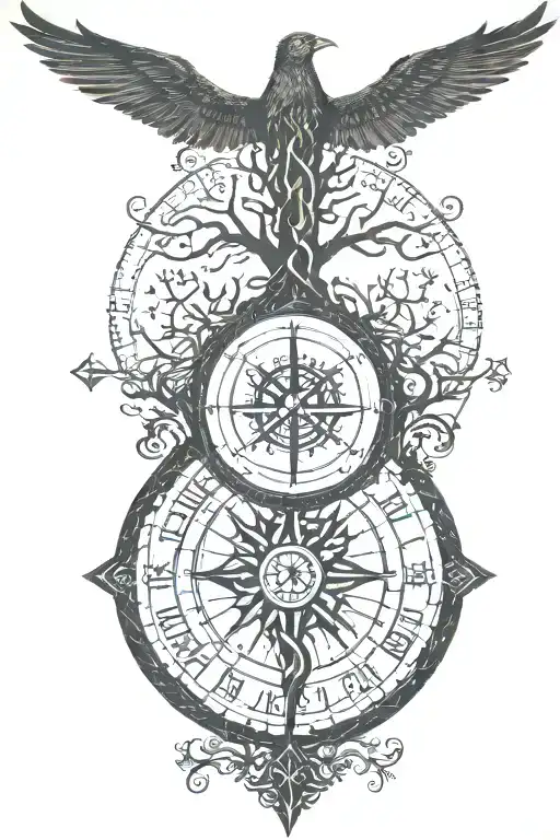 tree of life with Nordic compass surrounded by Nordic runes reading "not all those who wonder are lost" with valknut tattoo design idea