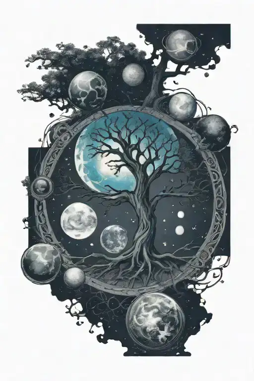 Celtic tree of life surrounded by planets coming tattoo design idea