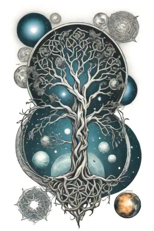 Celtic tree of life, celtic knot, solar system planets and celtic cross tattoo design idea