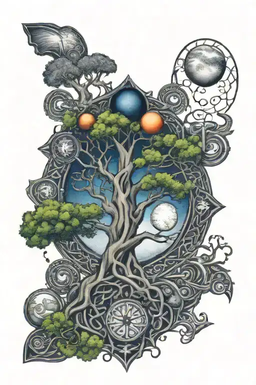 Celtic tree of life with planets on tops of the tree and celtic runes at the bottom reading "wisdom" tattoo design idea