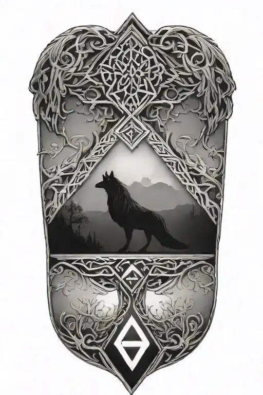 Valknut, yggdrasil tree, ornamented nordic runes. Two Odin's  ravens tattoo design idea