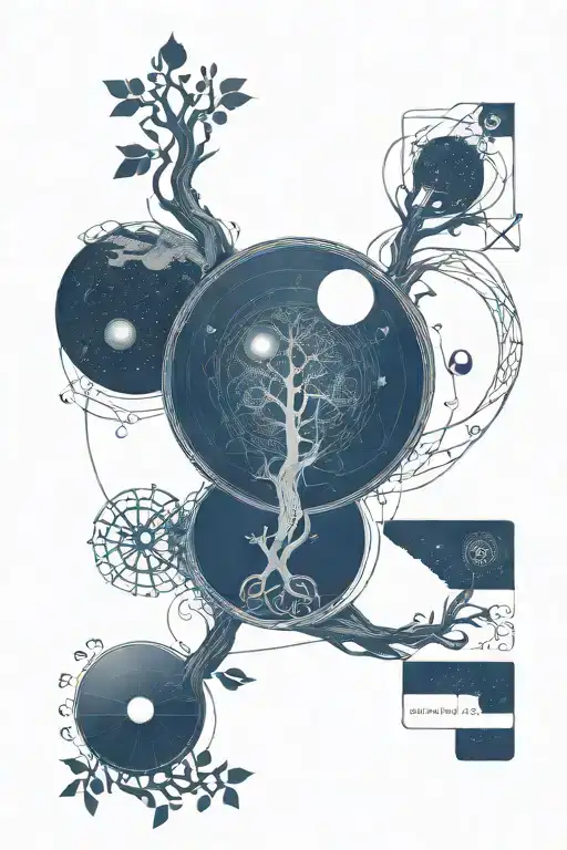 Celtic tree of life with solar system at the top half and celtic cross at the bottom half tattoo design idea
